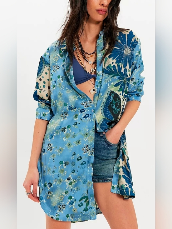 Free People Tops - Free People Blue Floral & Butterfly Button-Up Tunic